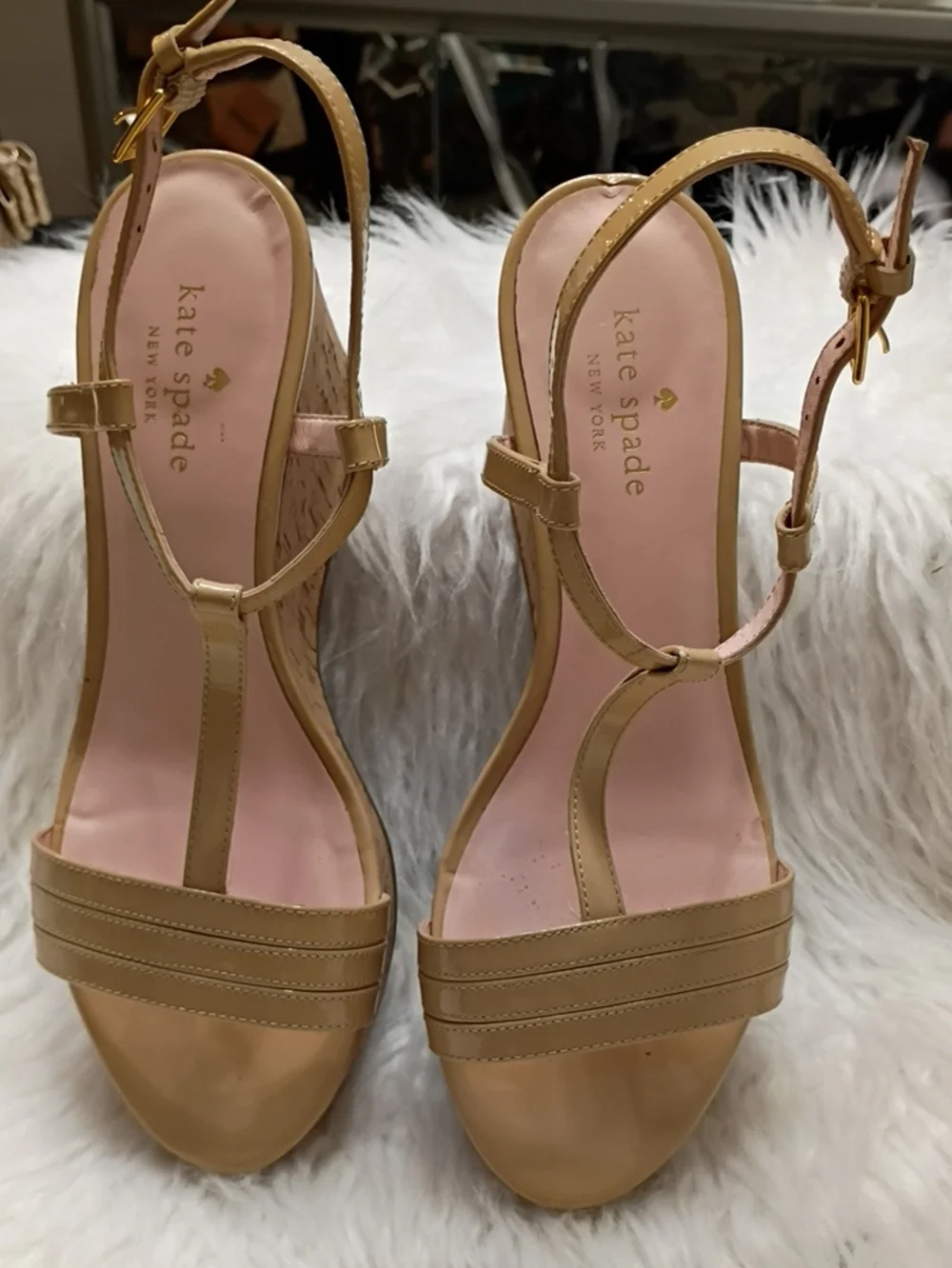kate spade Tallin Nude Patent Leather Cork Wedge Sandals SZ 8